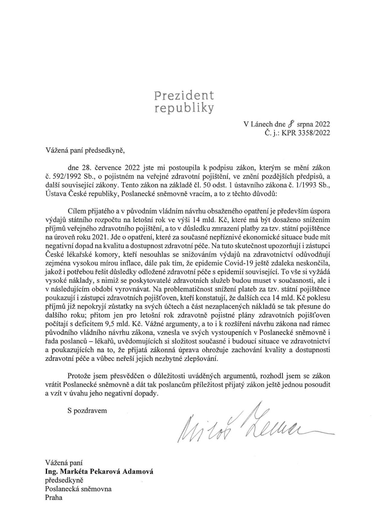 Dopis prezidenta Ceske republiky